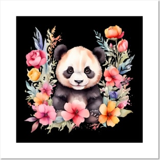 A panda bear decorated with beautiful watercolor flowers Posters and Art